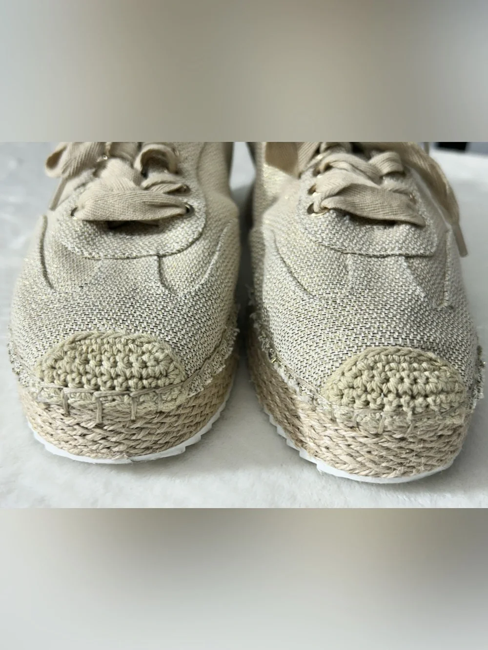 JLO Jennifer Lopez Lonlan Natural Beige Metallic Canvas LaceUp Sneakers Size 8.5 - Picture 5 of 14